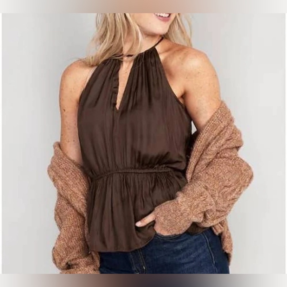 🌼 Old Navy Coffee Brown Halter Blouse S Smocked Waist Flowy‎ Spring Top Chic